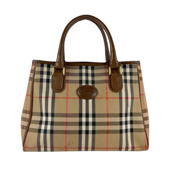 Auth Burberrys Nova Check Handbag Tote Bag Brown Nylon Canvas/Leather - Picture 1 of 12